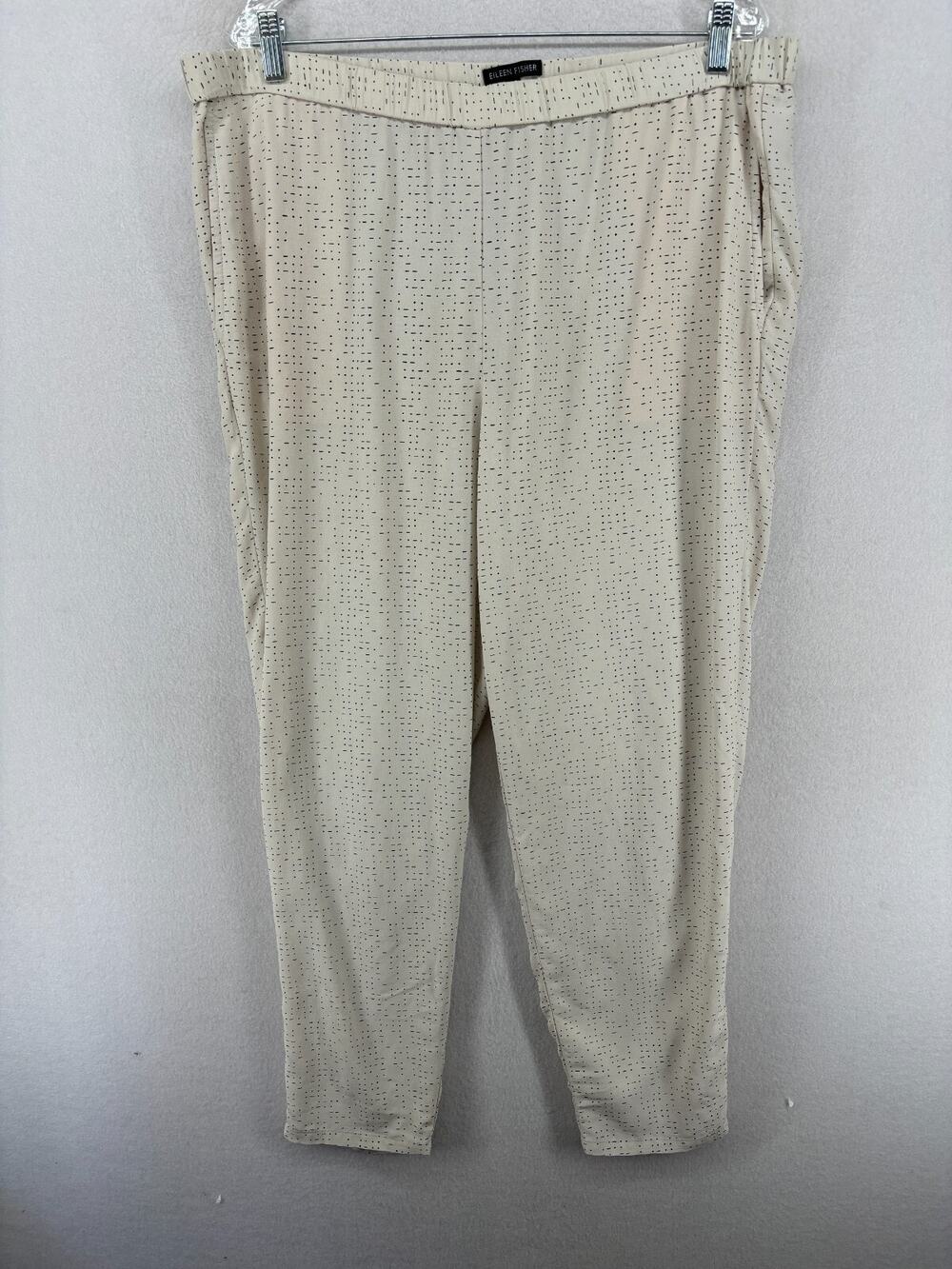 EILEEN FISHER Pants L Tencel Crepe Slouchy Tapered Dot Dash Print Bone White
